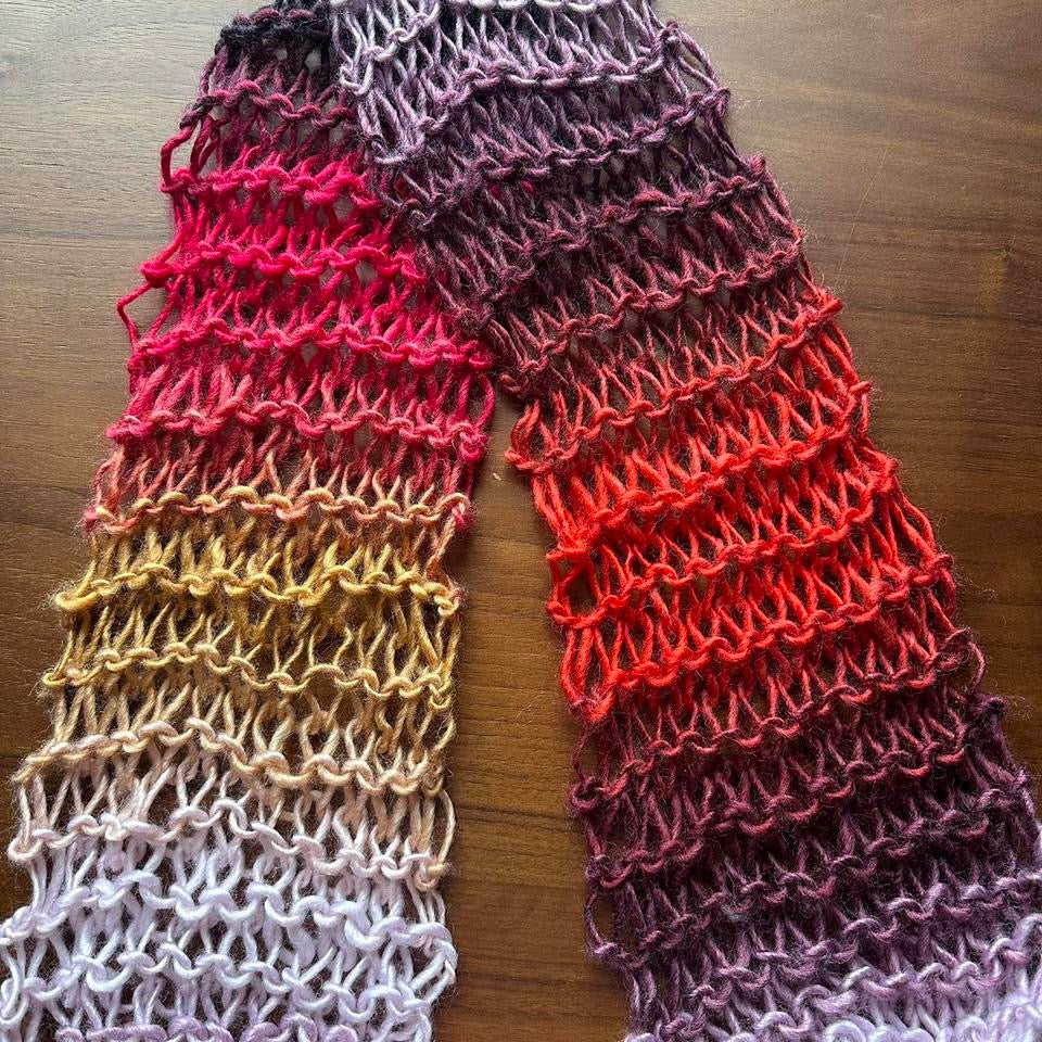 Handmade fishnet knitted scarf in Fusion ombré colourway