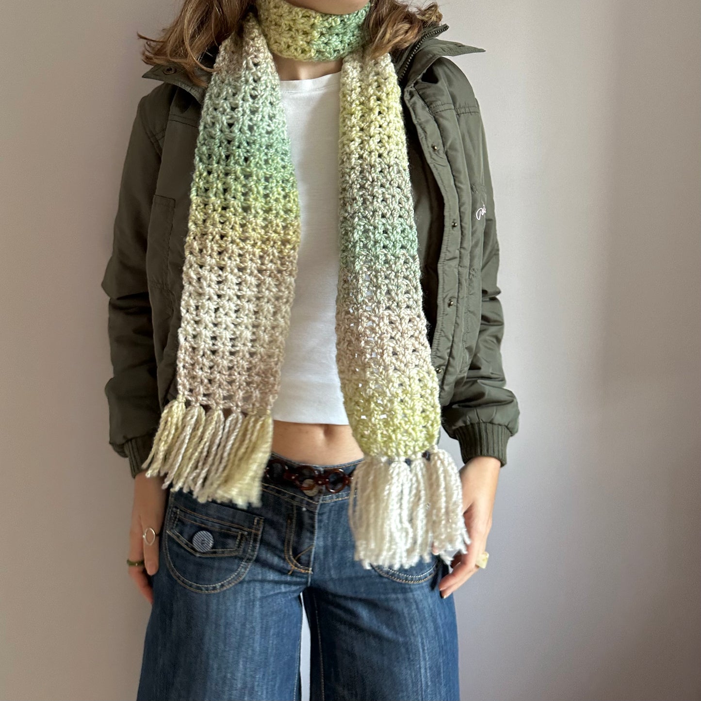 Handmade ombré green, beige and cream tassel crochet scarf