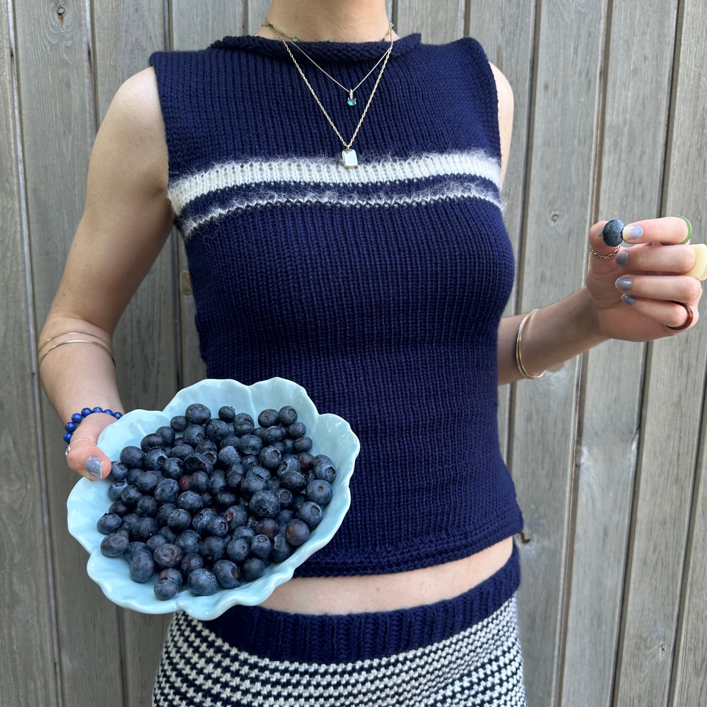 The Blueberry Vest - handmade navy blue and cream bow tie up vest top