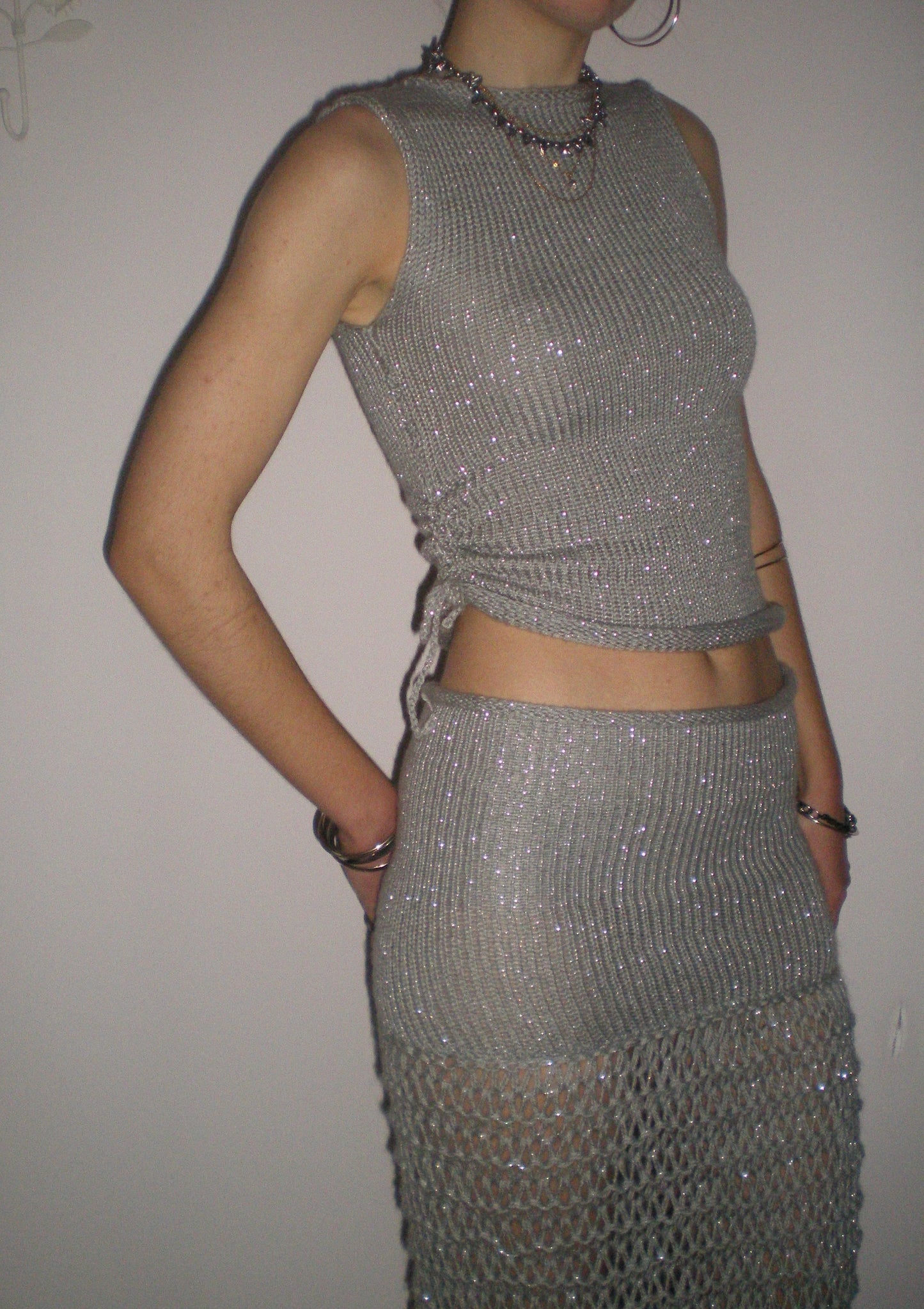 The Chainmail Set - handmade silver metallic ruched vest & matching maxi skirt