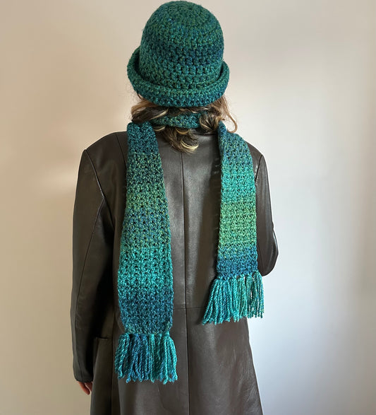 Handmade ombré blue and green tassel crochet scarf