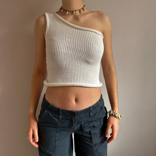 Handmade knitted white cotton asymmetrical one shoulder top