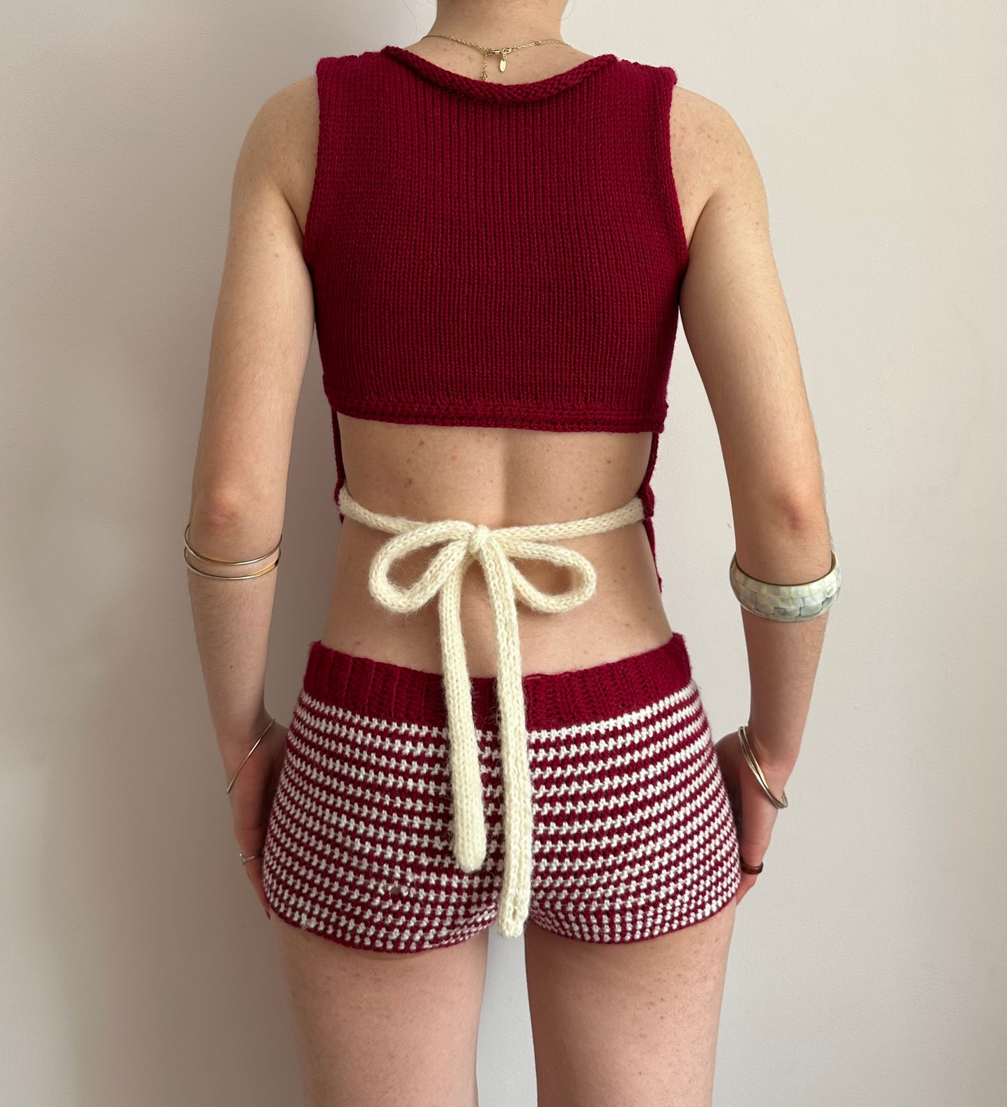 The Cherry Set - matching striped crochet shorts and bow tie up knit vest top