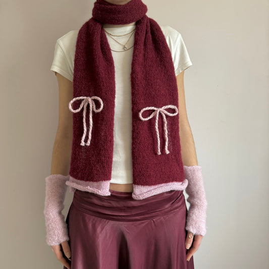 Handmade knitted burgundy and baby pink mohair bow scarf