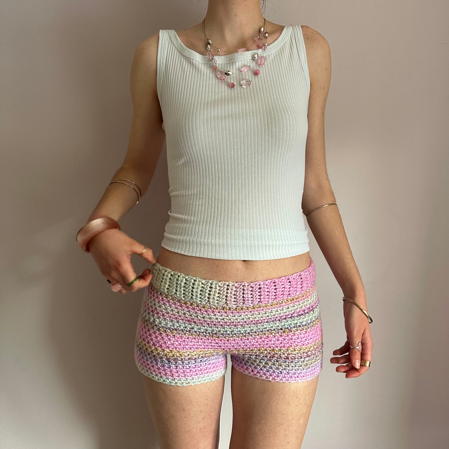 Handmade pastel shades ombré striped crochet shorts