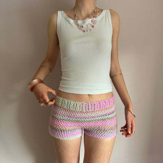 Handmade pastel ombré striped crochet shorts