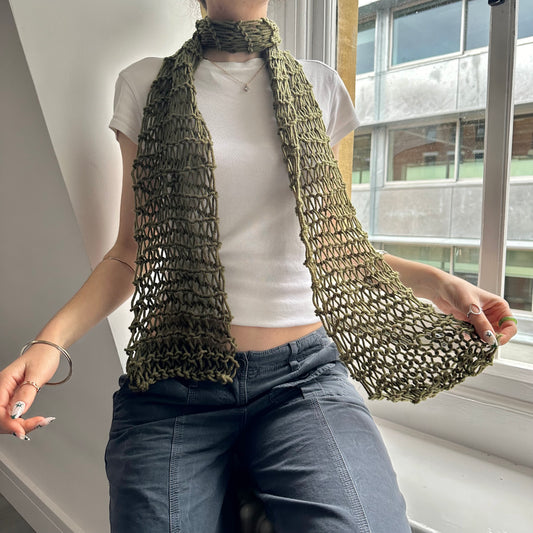 Handmade fishnet knitted scarf in khaki green