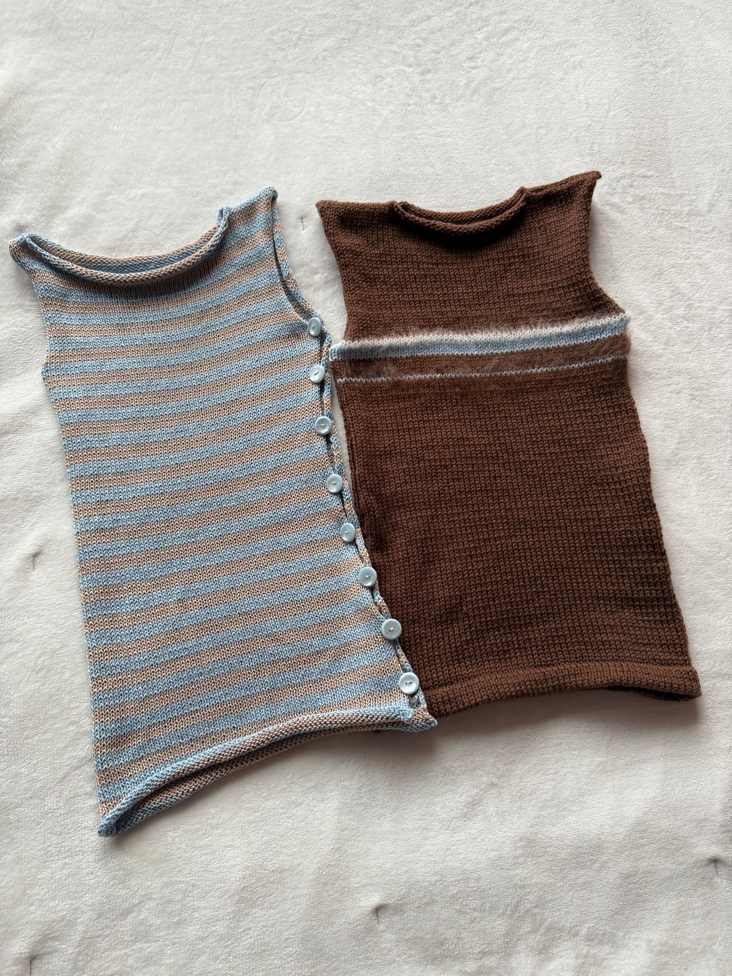 Handmade knitted Pearl Vest - baby blue and beige striped (pre made)