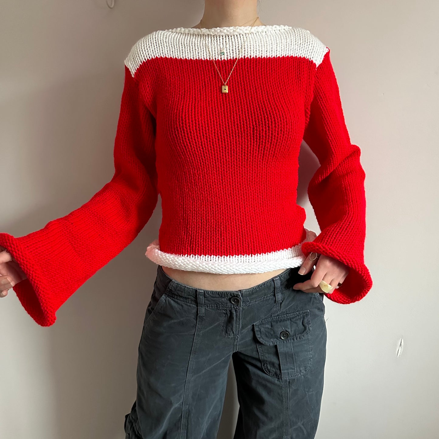 Handmade knitted colour block jumper in red and white