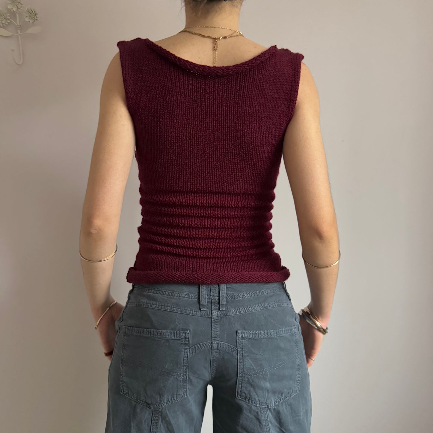 Handmade burgundy shirred knitted vest