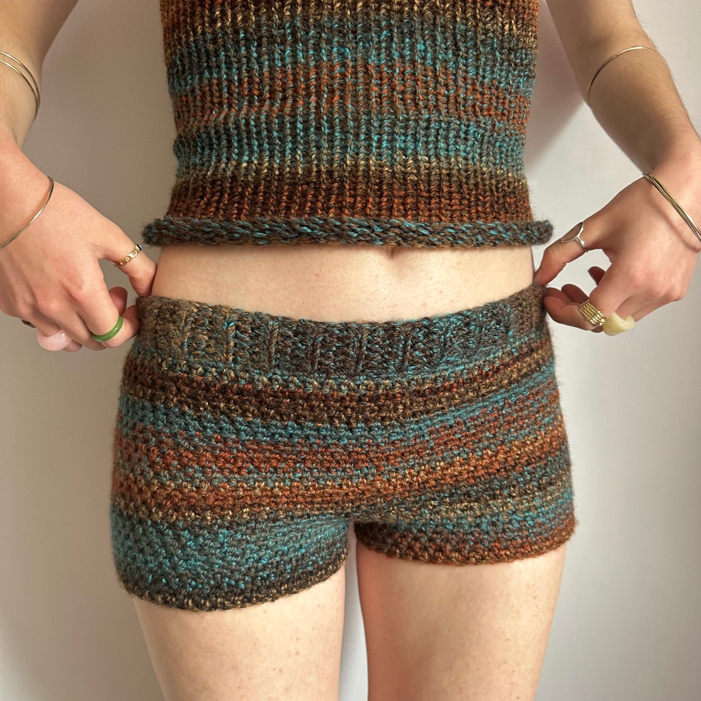 Handmade brown and blue ombré striped crochet shorts