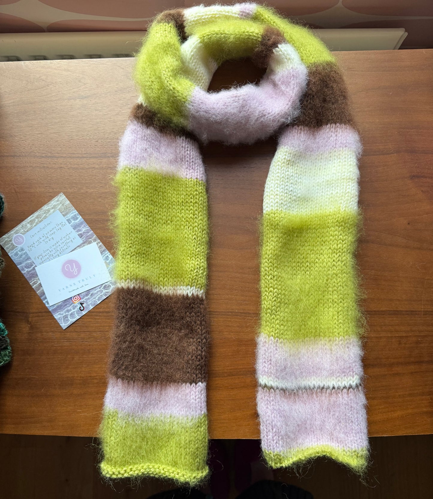 Handmade cream, olive green, brown and baby pink fluffy striped scarf - 1 off piece 🎀