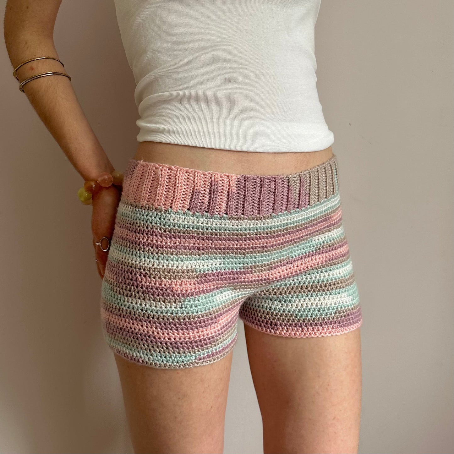 Handmade baby blue, pink, beige and white striped crochet shorts