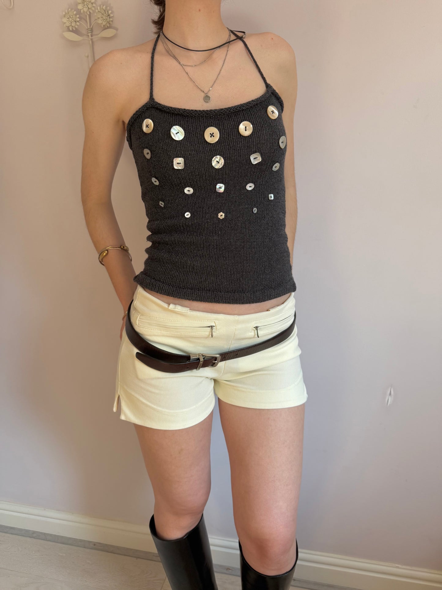 The Random Button Tank Top - charcoal grey