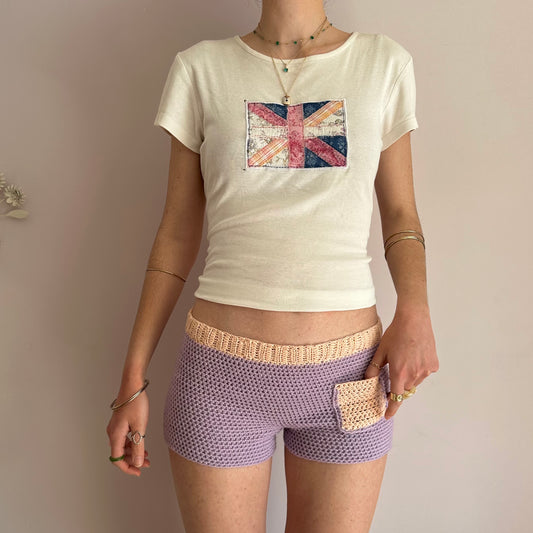 Handmade crochet shorts in lilac and peach with pocket