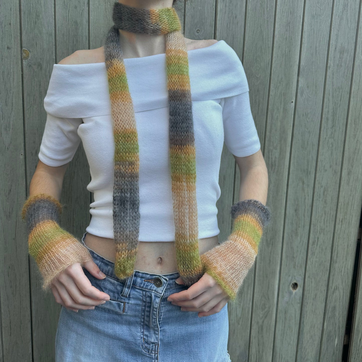 Handmade knitted mohair hand warmers in ombré earth tones - with thumb hole