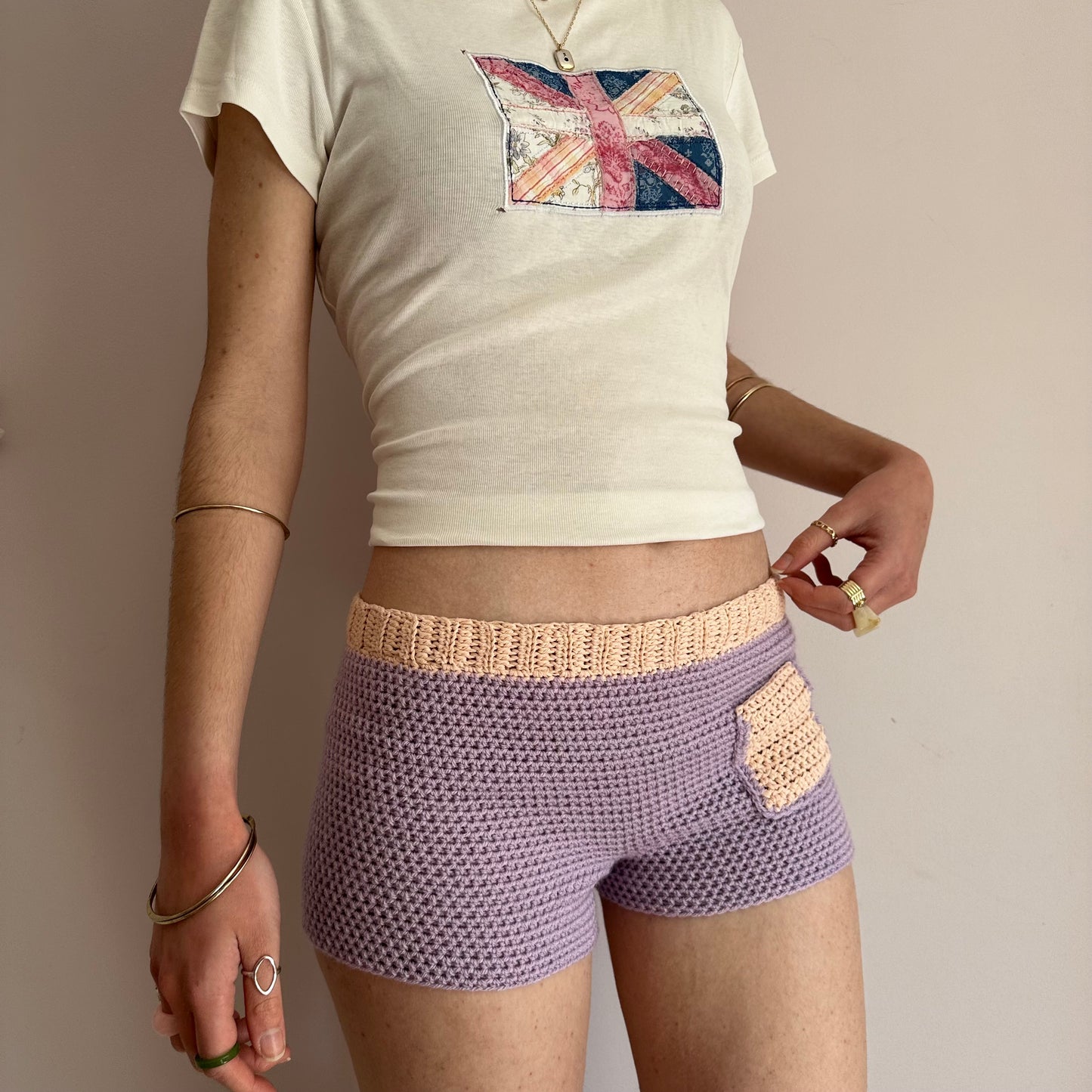 Handmade crochet shorts in lilac and peach with pocket