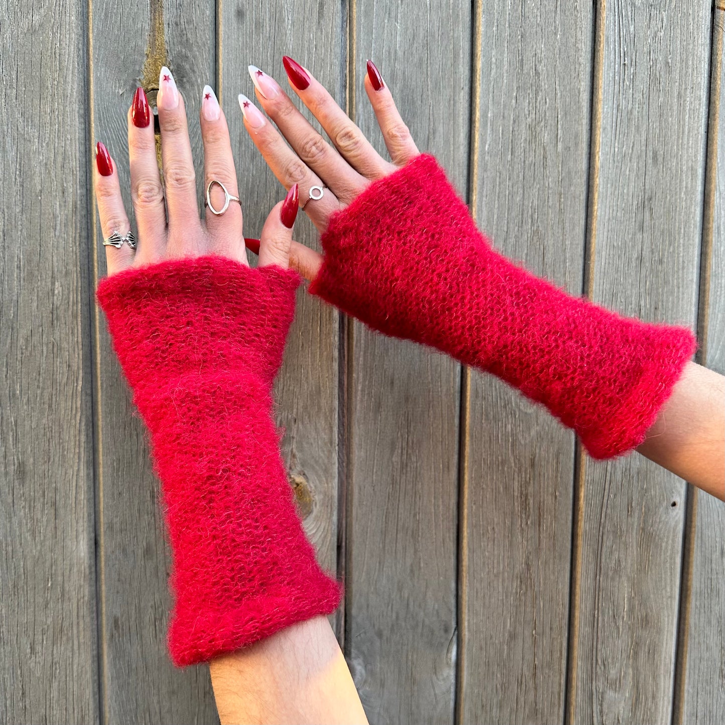 Handmade reversible knitted red mohair hand warmers