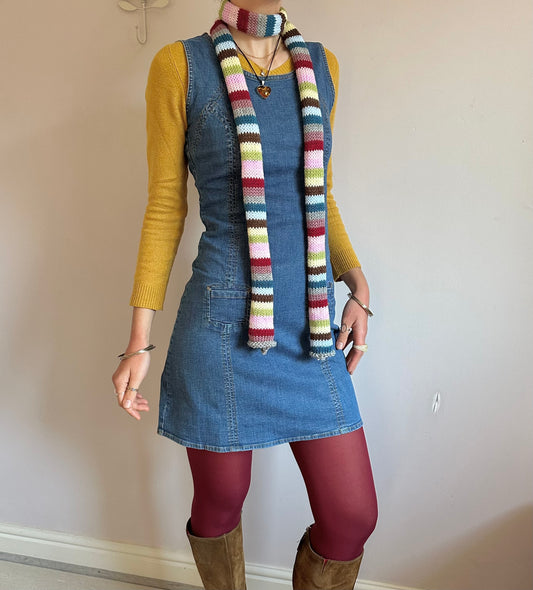 Handmade knitted multicoloured striped skinny scarf