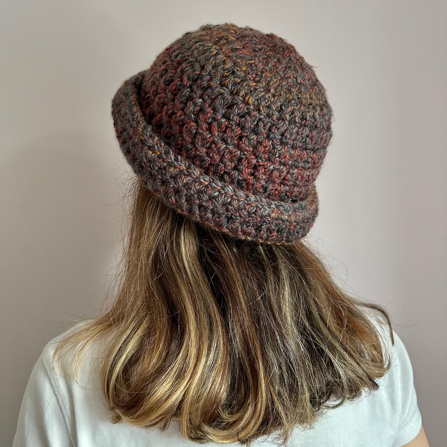 Handmade brown, grey and orange chunky crochet bowler hat