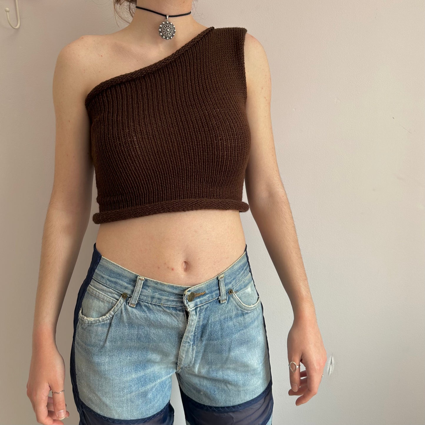 Handmade knitted brown  asymmetrical one shoulder top