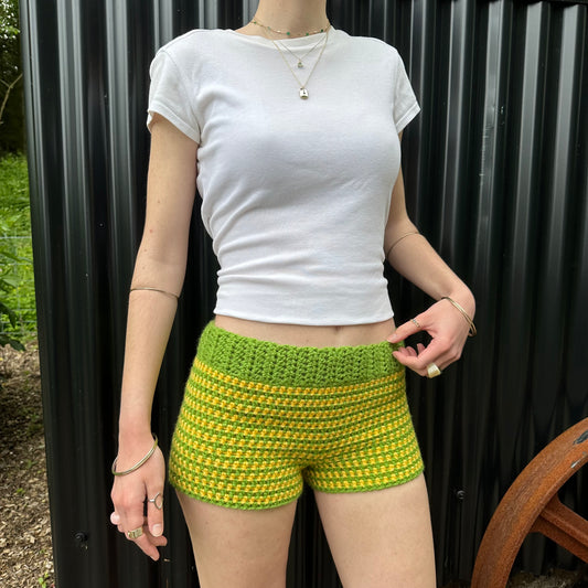 Handmade green and yellow striped crochet shorts
