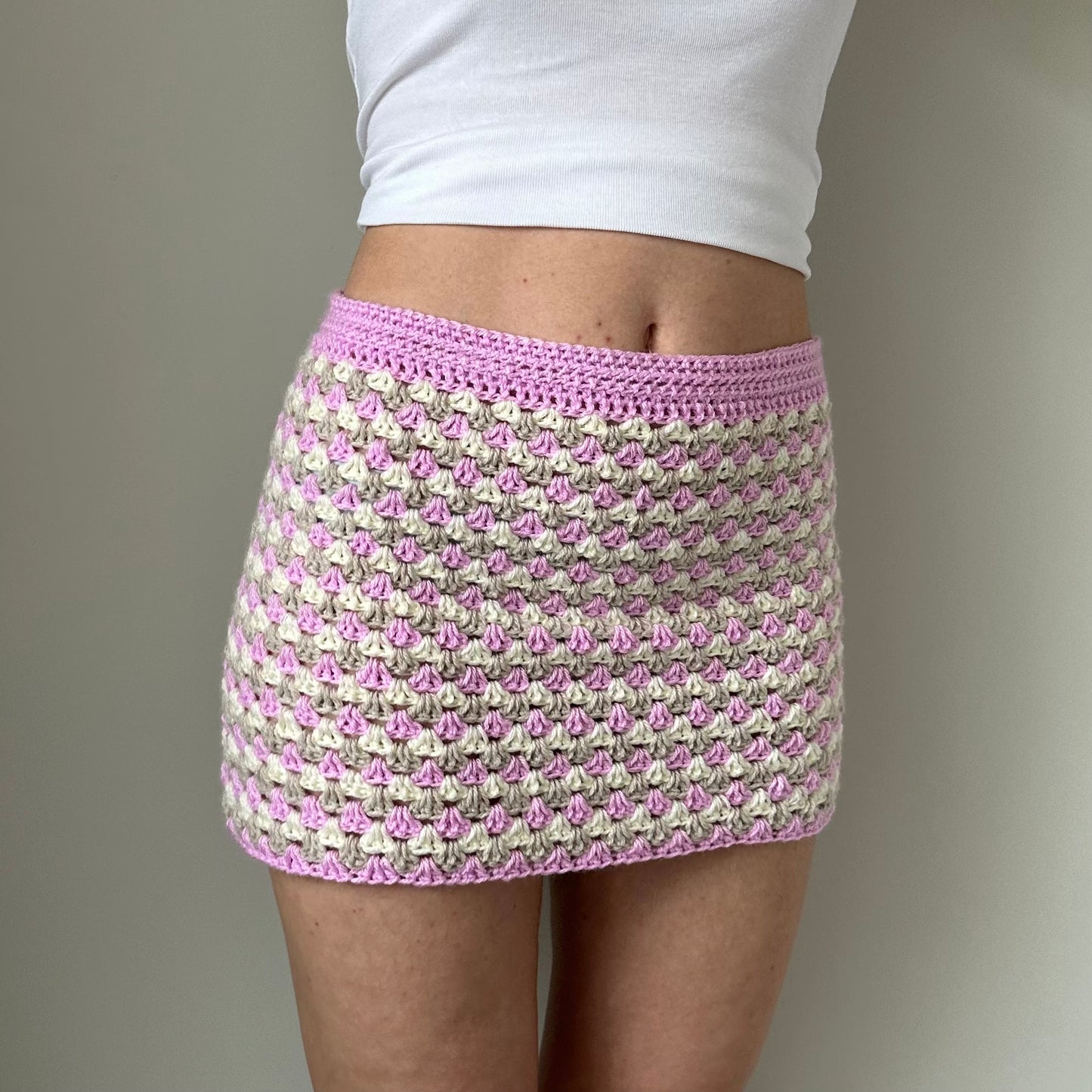 Handmade retro crochet mini skirt in dusky pink, beige and cream