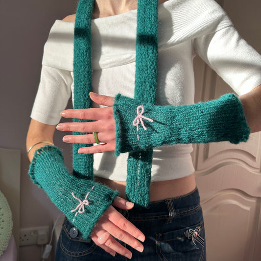 Handmade knitted mohair hand warmers in emerald green and baby pink - with thumb hole