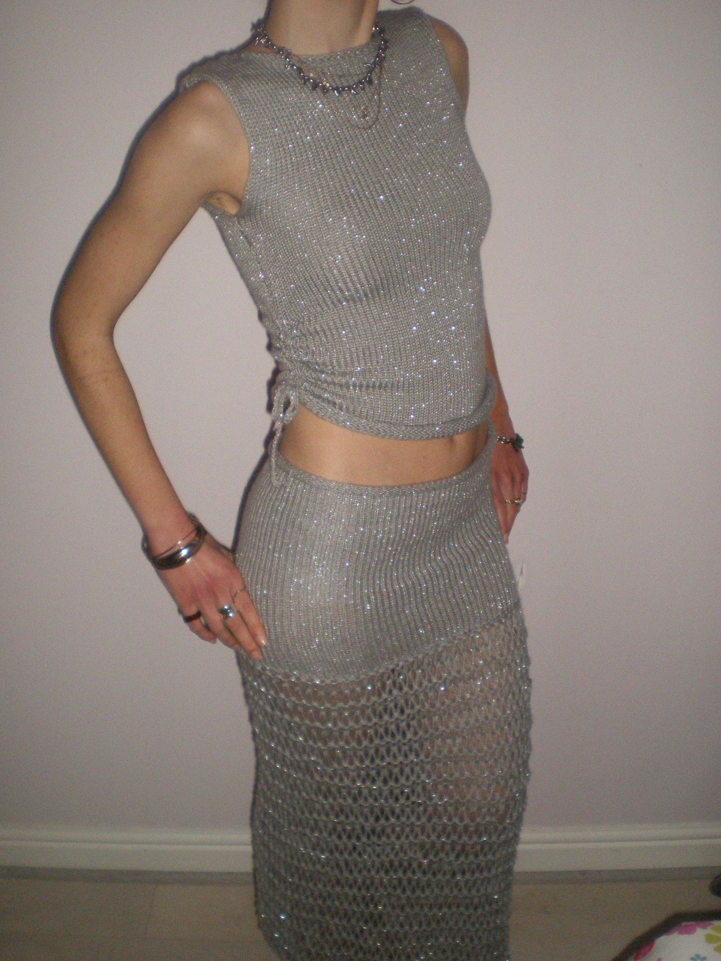 The Chainmail Set - handmade silver metallic ruched vest & matching maxi skirt