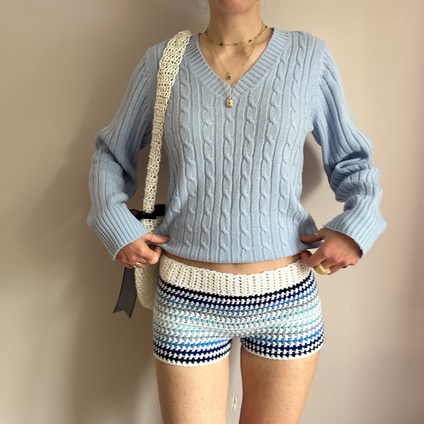 Handmade white and blue ombré striped crochet shorts