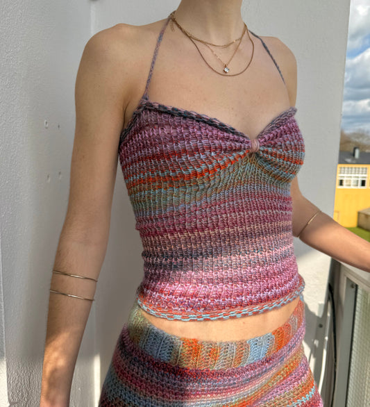 Handmade multicoloured ruched bust ombré knitted halter top