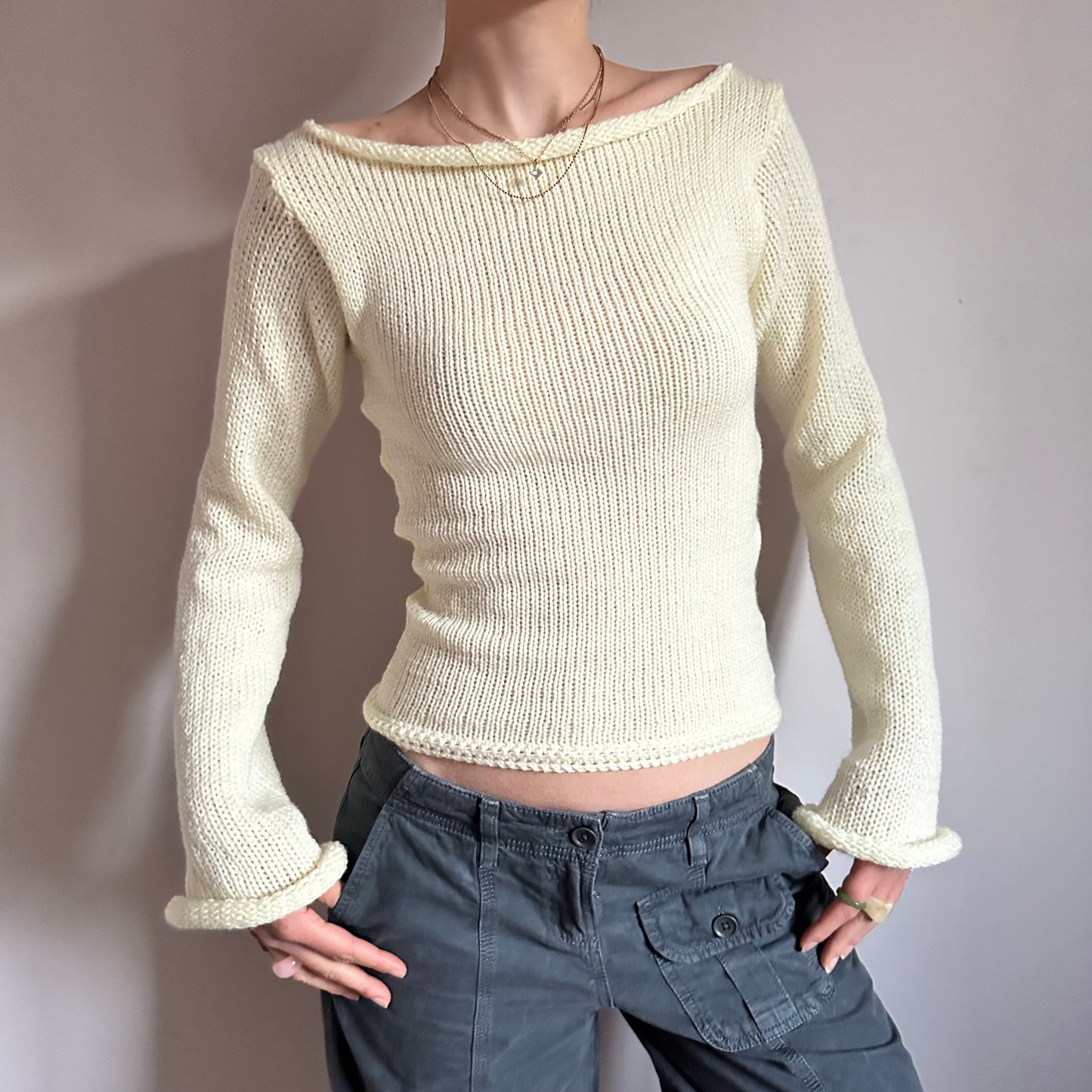 Handmade cream boat neck knitted jumper