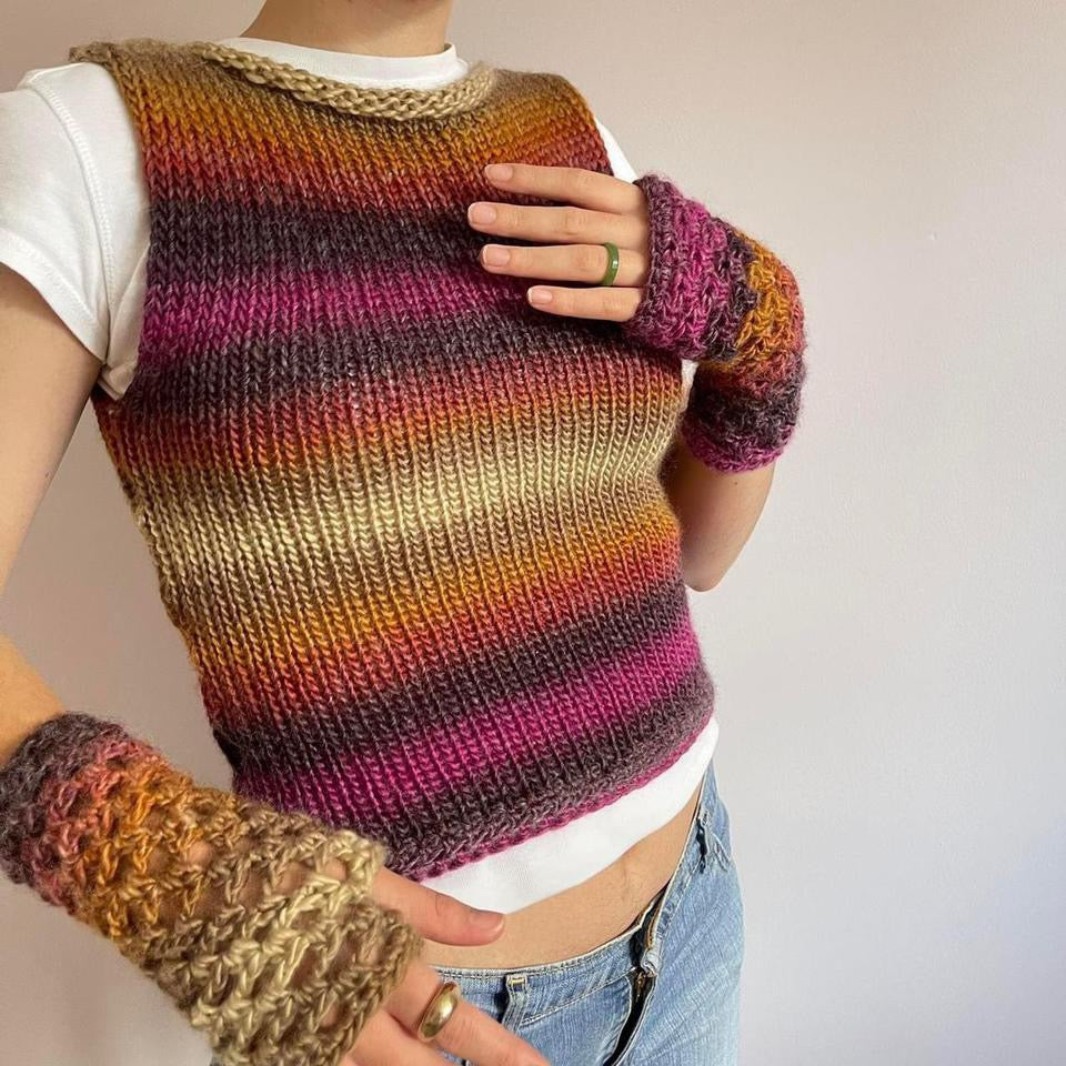 SET - Handmade sweater vest and matching gloves in Sunset Shades