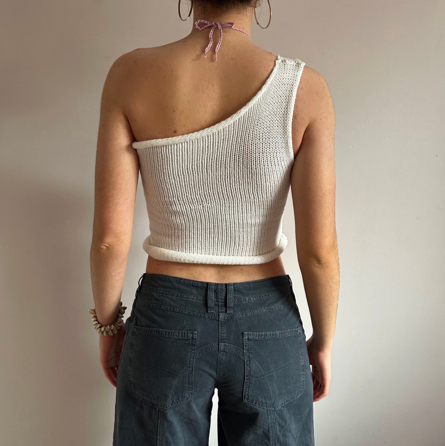 Handmade knitted white cotton asymmetrical one shoulder top