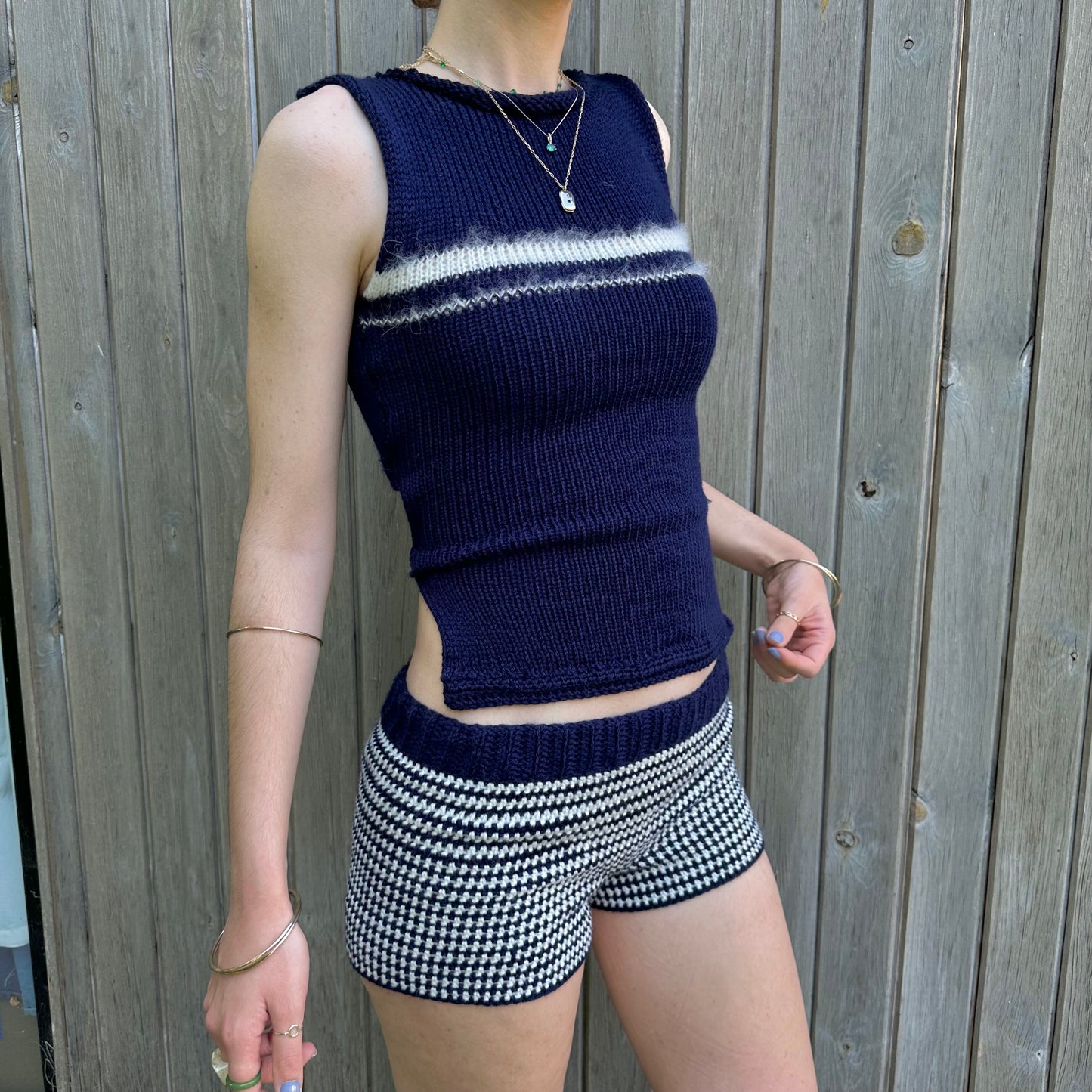 The Blueberry Set - matching striped crochet shorts and bow tie up knit vest top