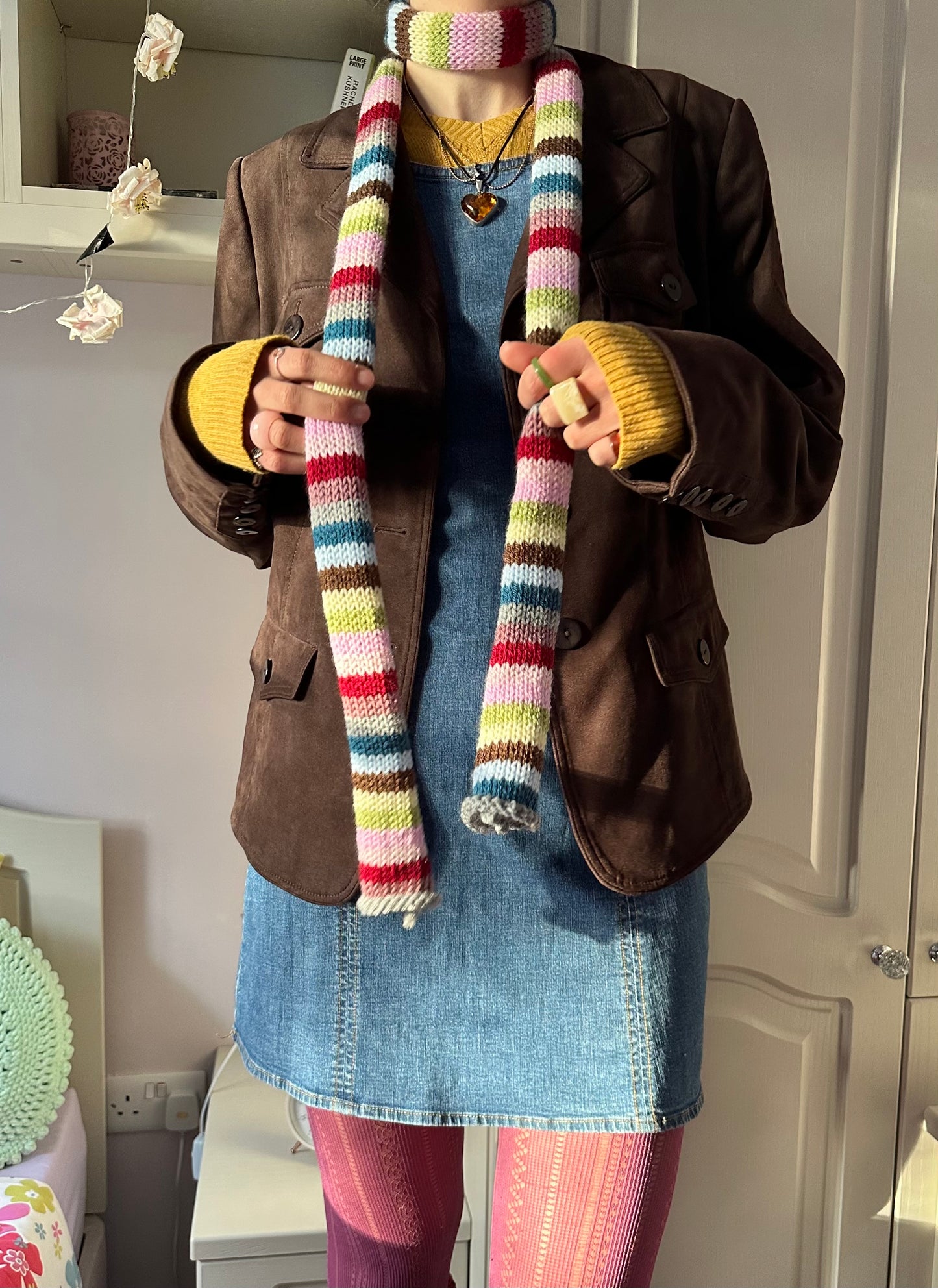 Handmade knitted multicoloured striped skinny scarf