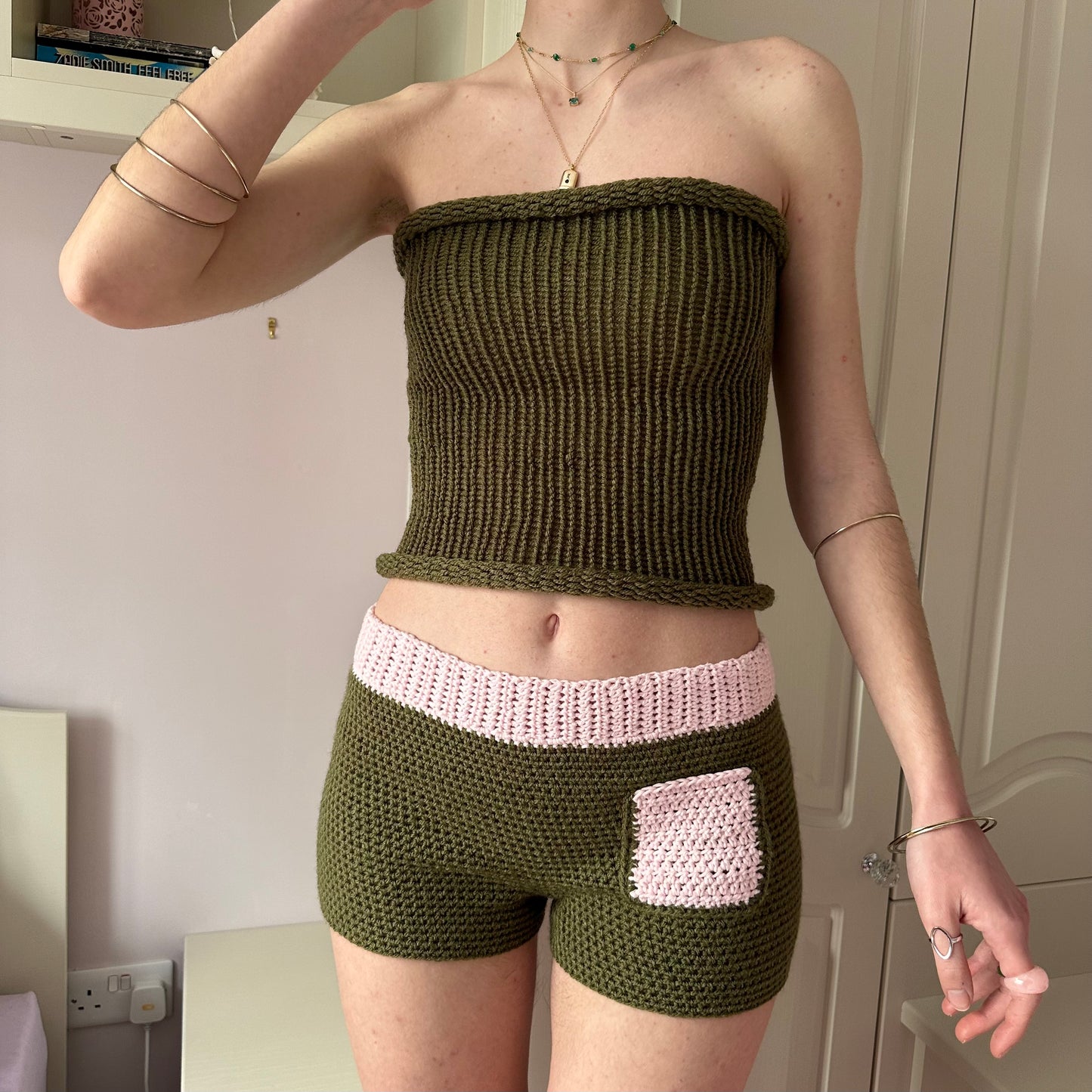 The Jade Shorts - handmade crochet shorts in khaki and baby pink with pocket