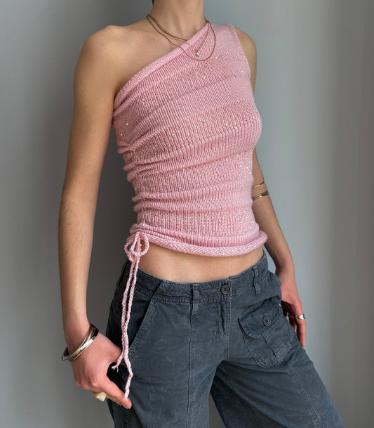 Handmade sparkly draped one shoulder knit top in baby pink