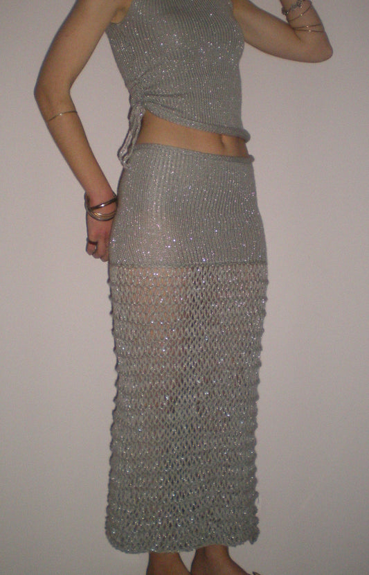 The Chainmail Skirt - handmade silver metallic mesh maxi skirt