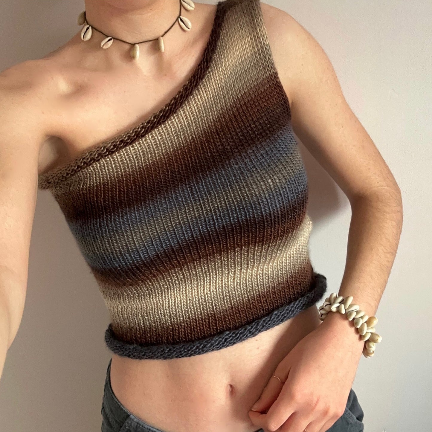 Handmade knitted one shoulder asymmetrical top in Seashell colourway
