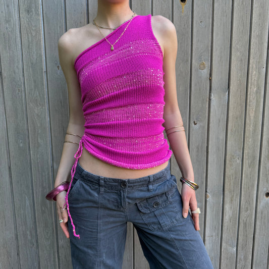 Handmade sparkly draped one shoulder knit top in hot pink