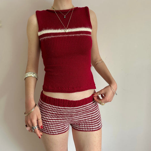 Handmade dark red and cream striped crochet shorts