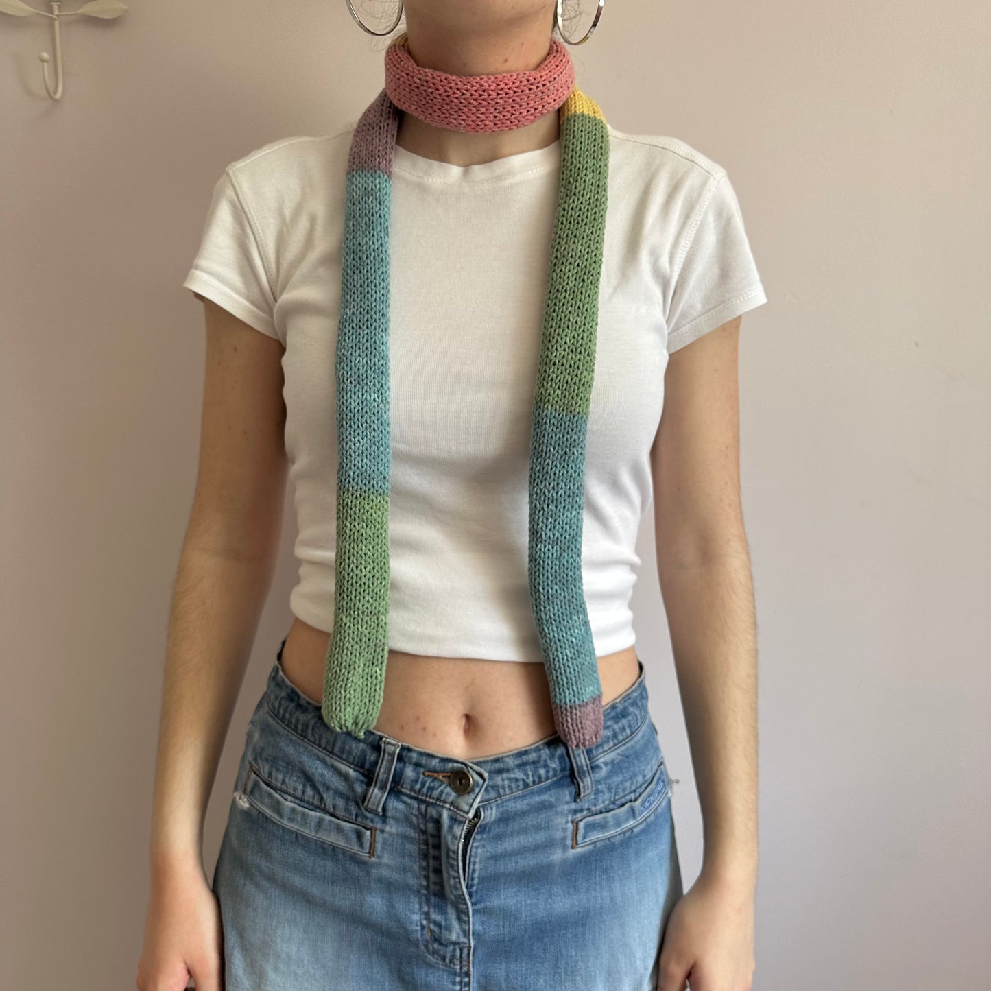 Handmade knitted colour block skinny scarf in dusky rainbow