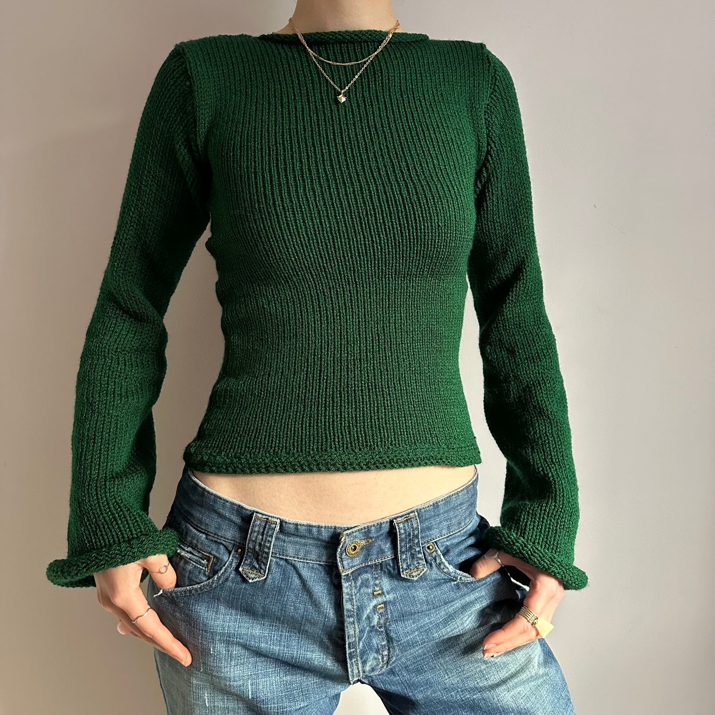 Handmade bottle green bell sleeve knitted jumper