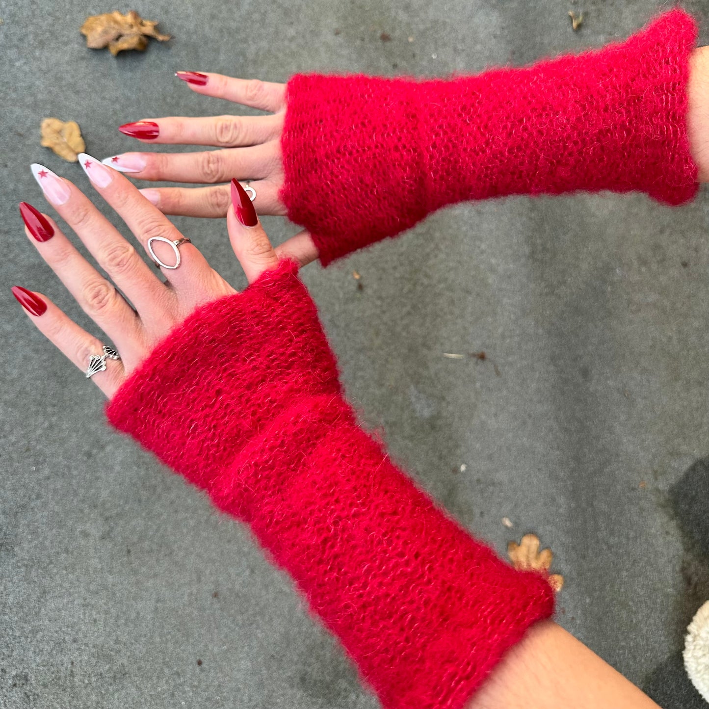 Handmade reversible knitted red mohair hand warmers