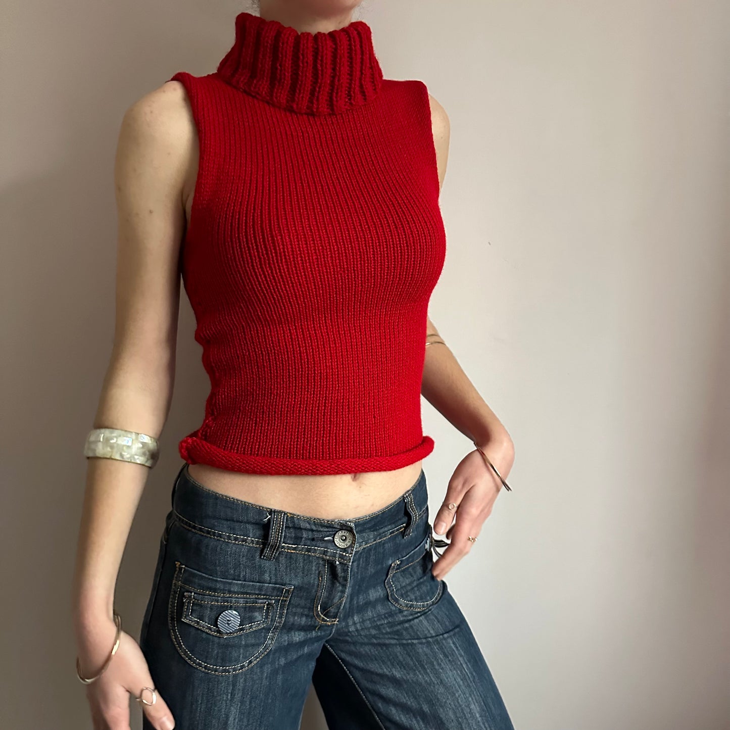 Handmade dark red turtleneck knit vest