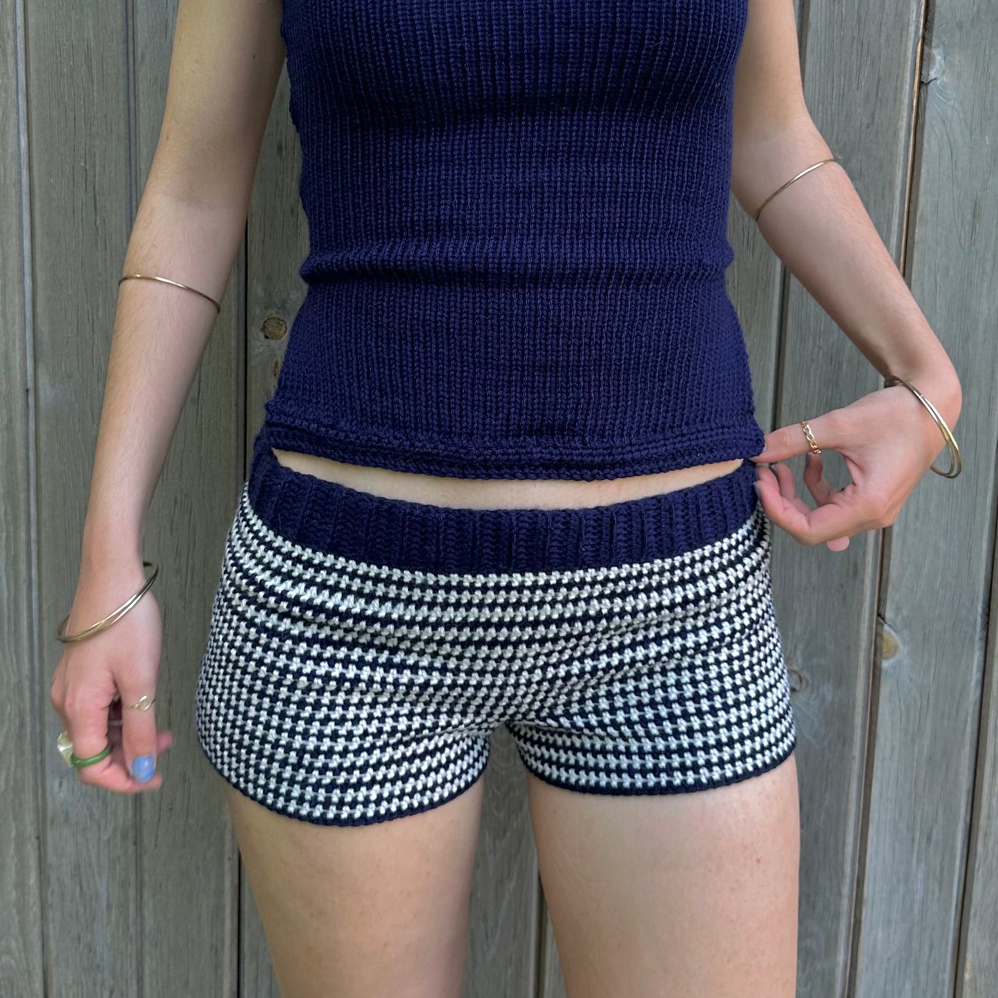 The Blueberry Shorts - navy blue and cream striped crochet shorts