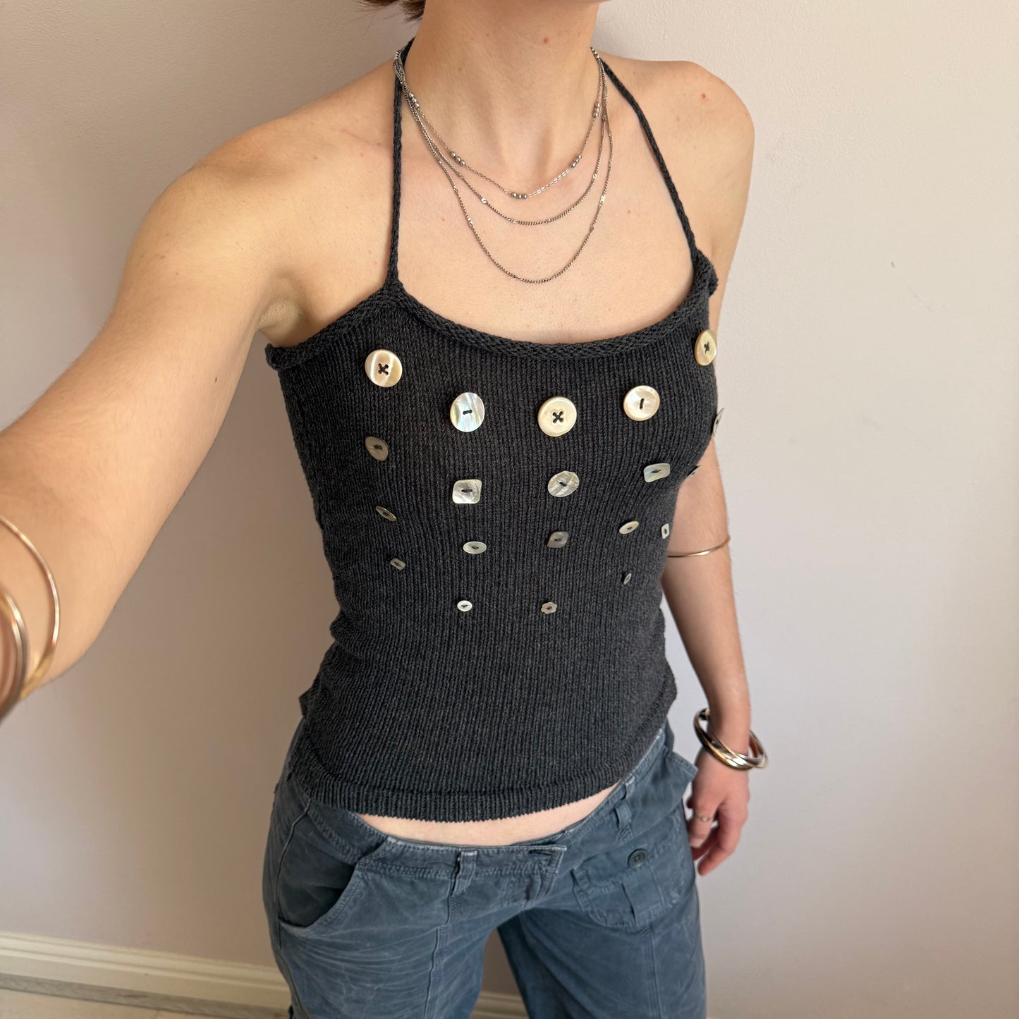 The Random Button Tank Top - charcoal grey