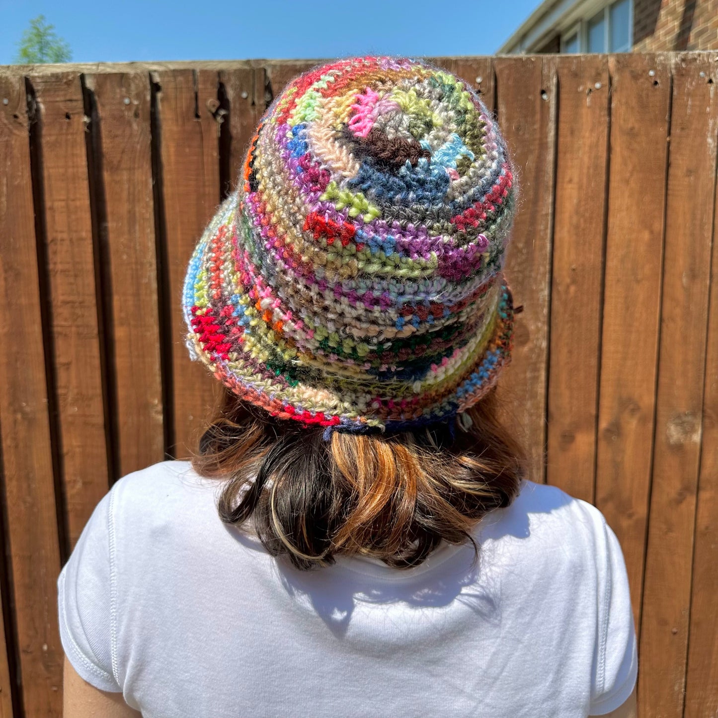 1 of 1 handmade crochet bucket hat made from leftover scraps of yarn