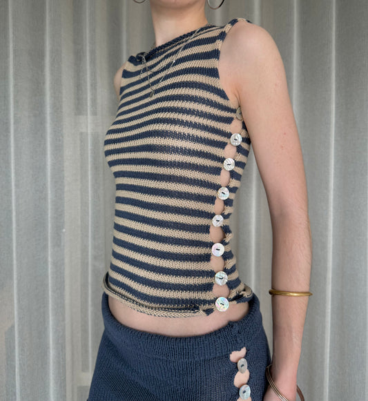 Handmade knitted Pearl Vest - navy blue and beige striped